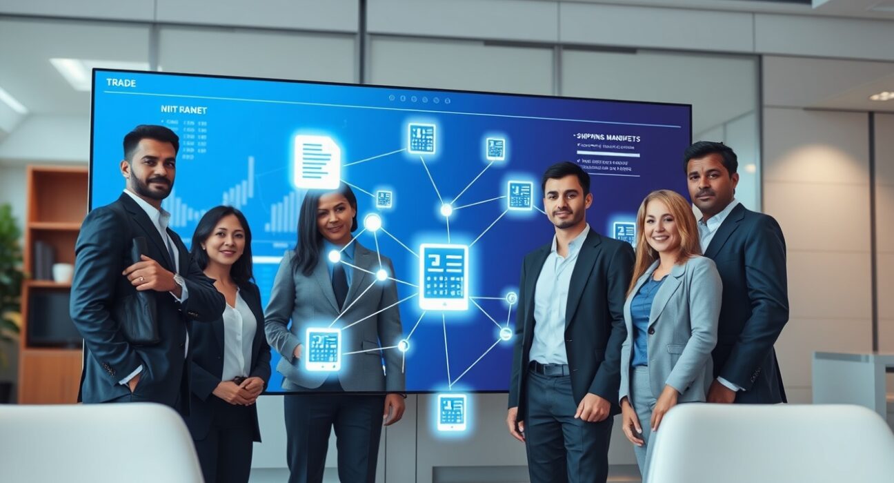 Financial team reviewing blockchain trade finance data on a large digital screen in a modern office.