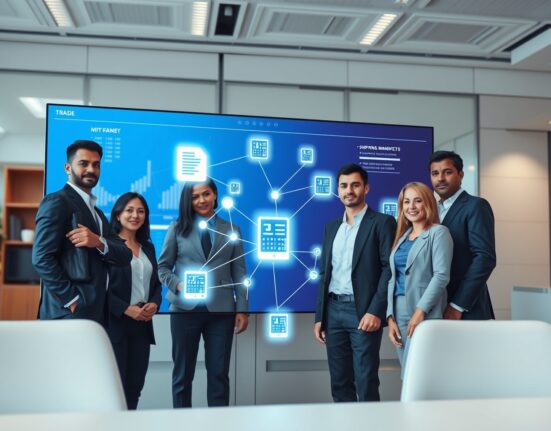 Financial team reviewing blockchain trade finance data on a large digital screen in a modern office.