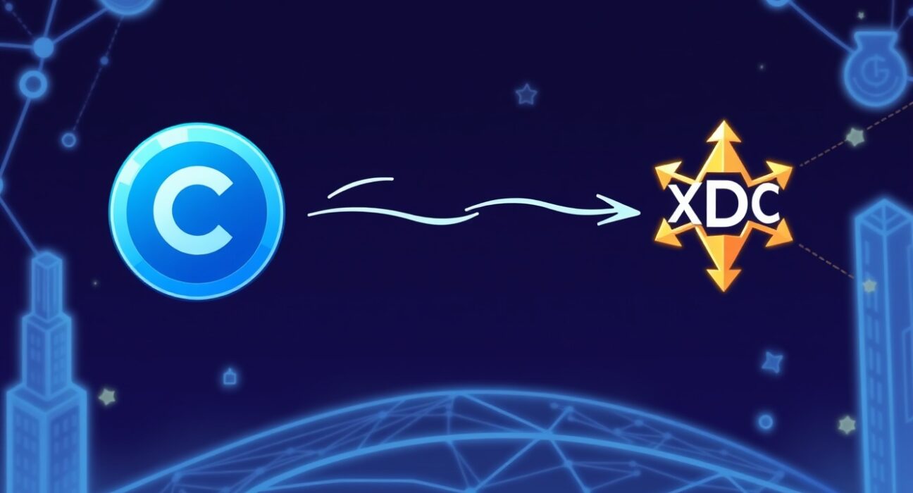 Cartoon showing XDC Network USDC seamlessly transferring between blockchains, highlighting enhanced interoperability.