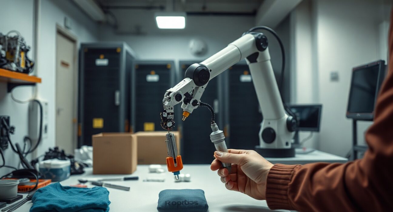 Human operator using a teleoperation device to control a robotic arm for training data collection in a lab setting