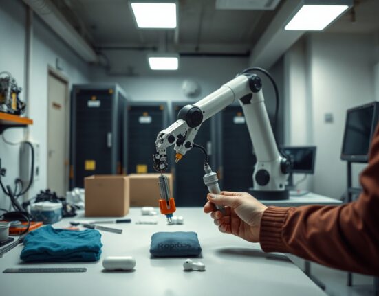 Human operator using a teleoperation device to control a robotic arm for training data collection in a lab setting
