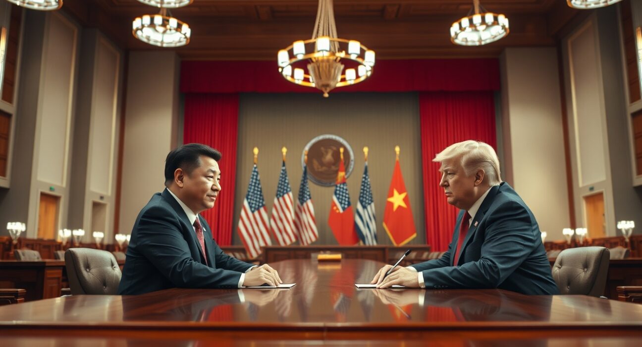 Xi Jinping and Donald Trump seated at a formal meeting table in the Great Hall of the People, Beijing
