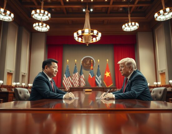 Xi Jinping and Donald Trump seated at a formal meeting table in the Great Hall of the People, Beijing