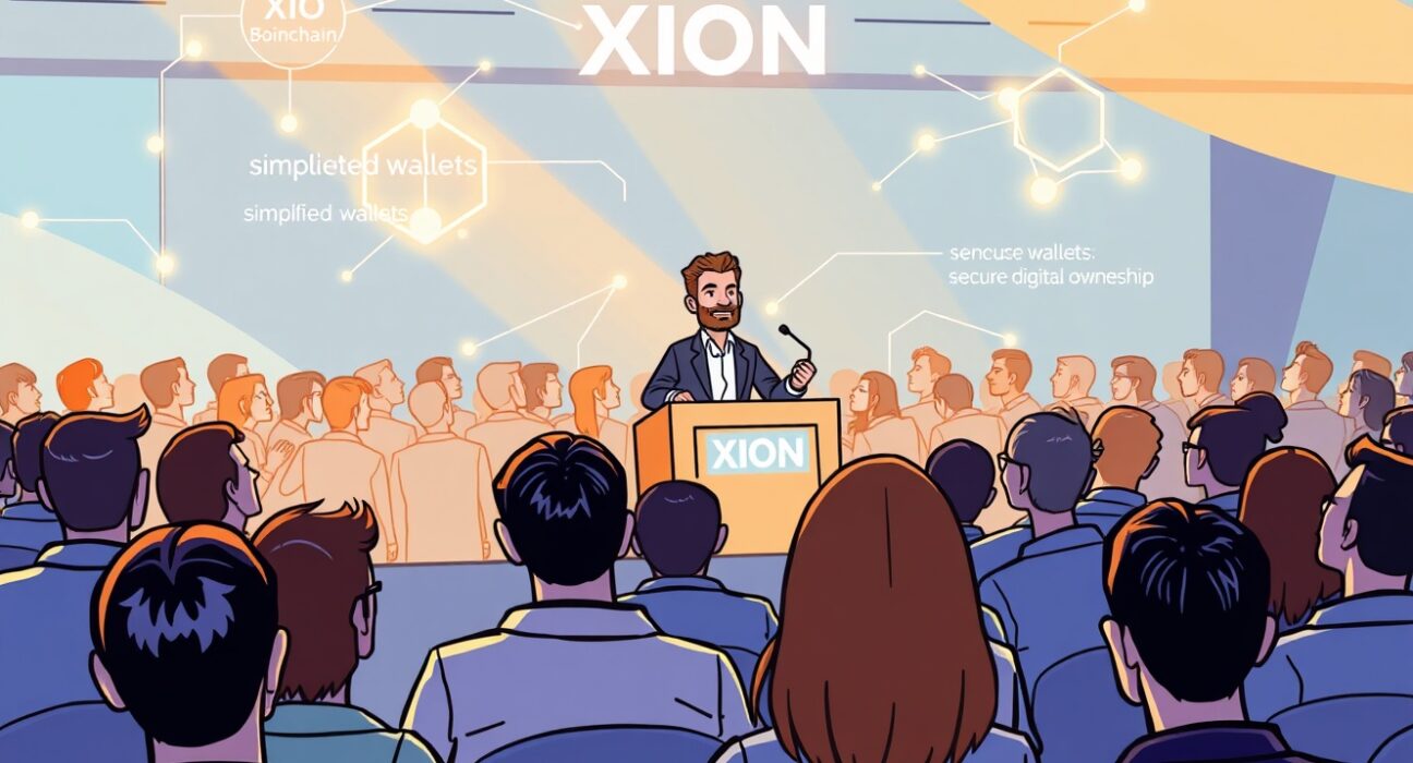 A cartoon illustration of XION blockchain founder Anthony Anzolone speaking at KBW 2025, conveying the project's pioneering vision for universal digital ownership on the XION blockchain.