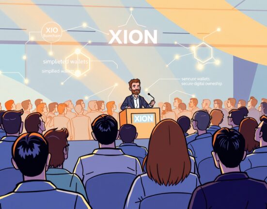 A cartoon illustration of XION blockchain founder Anthony Anzolone speaking at KBW 2025, conveying the project's pioneering vision for universal digital ownership on the XION blockchain.