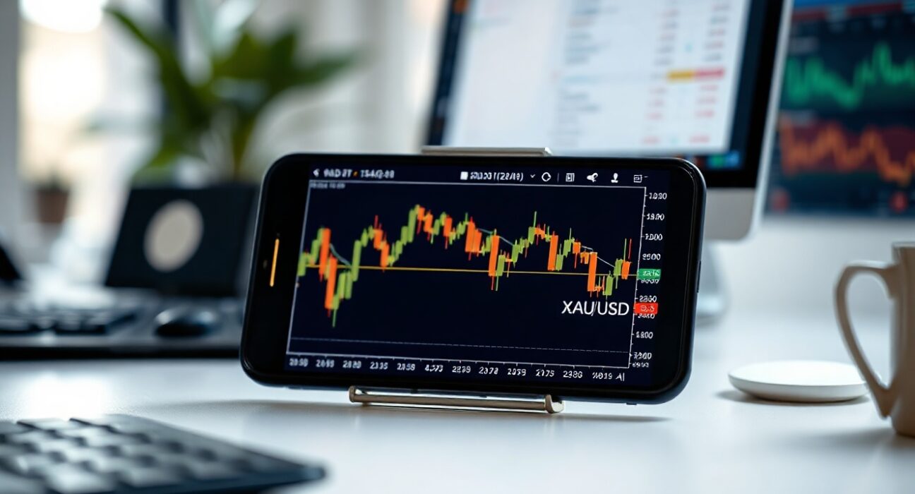 XM GOLD24-7 trading platform interface showing gold price chart on a screen