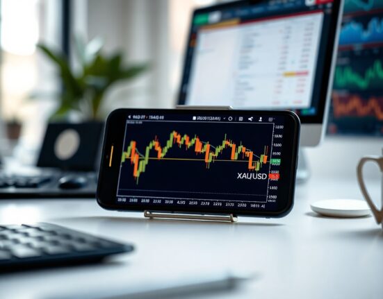 XM GOLD24-7 trading platform interface showing gold price chart on a screen