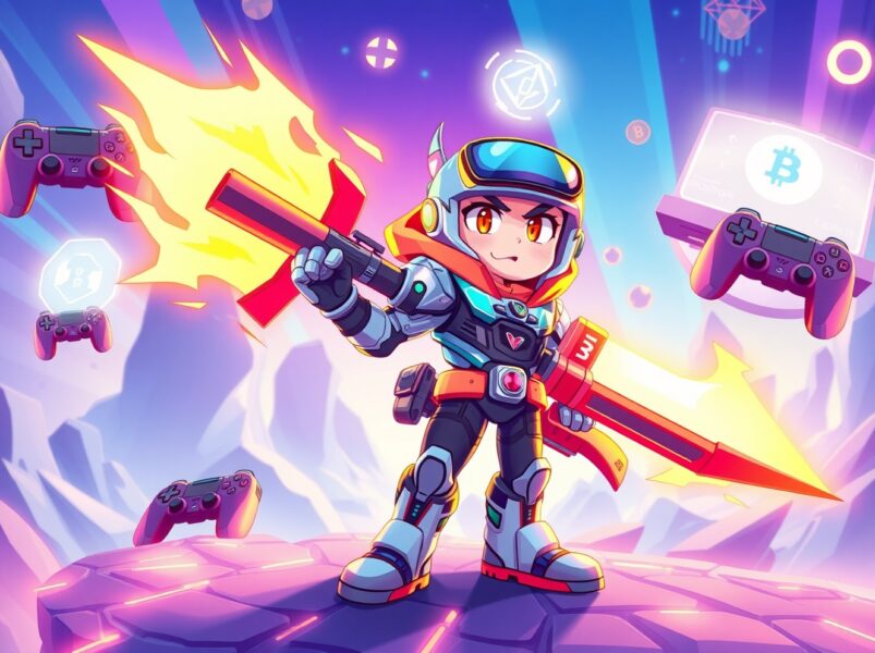 XOCIETY early access game character in vibrant blockchain gaming world with futuristic weapons