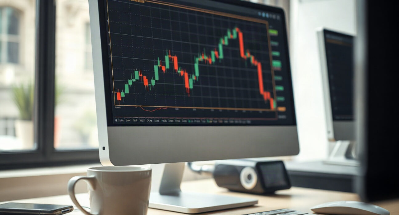 Stock chart with technical analysis pattern on a monitor in a professional trading setting