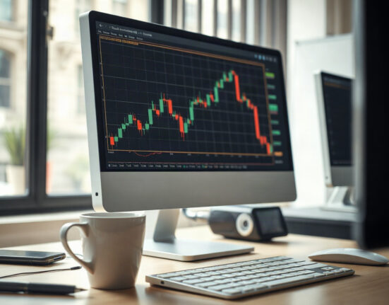 Stock chart with technical analysis pattern on a monitor in a professional trading setting