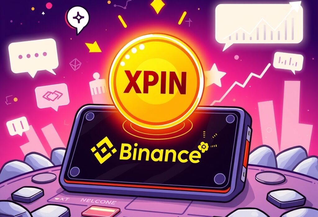 Cartoon illustration of Binance Alpha embracing the XPIN Network, symbolizing new crypto project integration and facilitated on-chain trading.