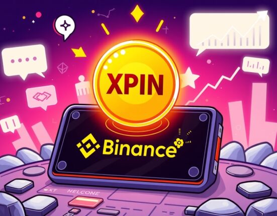 Cartoon illustration of Binance Alpha embracing the XPIN Network, symbolizing new crypto project integration and facilitated on-chain trading.