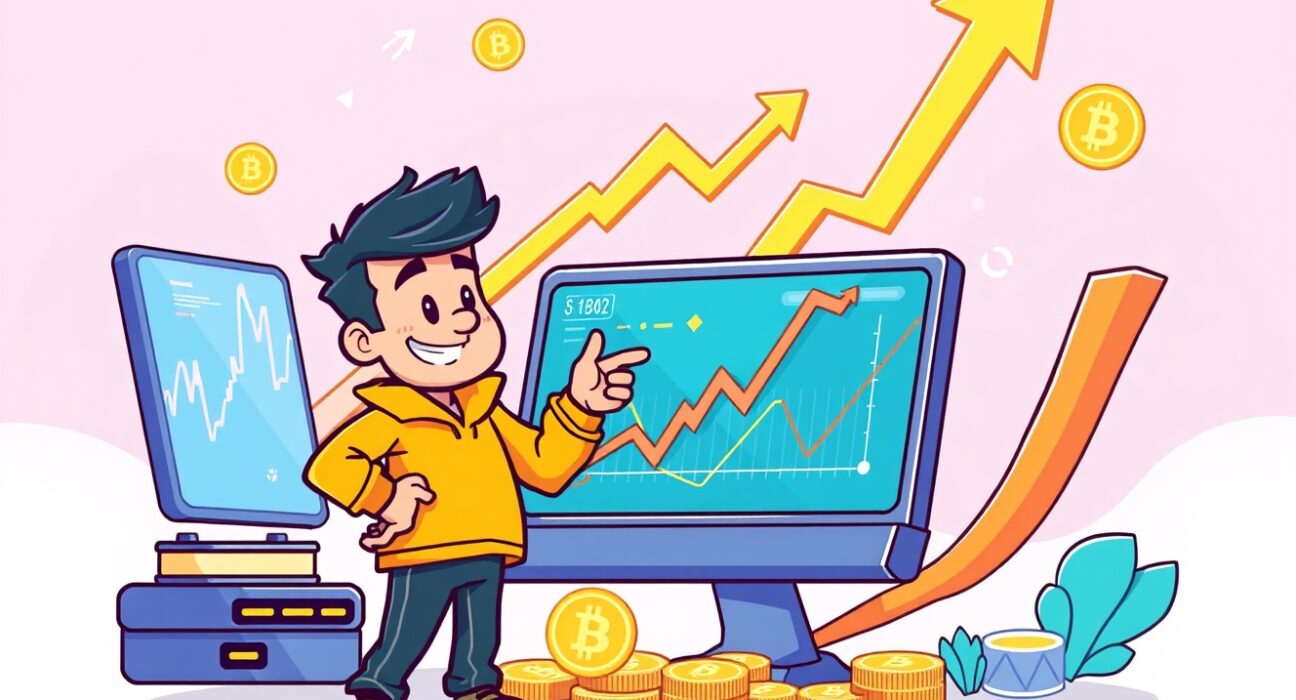 Cartoon showing a trader navigating XPIN perpetual futures on a digital platform, symbolizing new market opportunities.