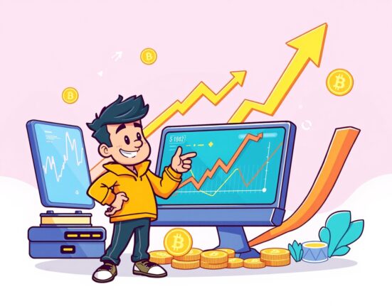 Cartoon showing a trader navigating XPIN perpetual futures on a digital platform, symbolizing new market opportunities.