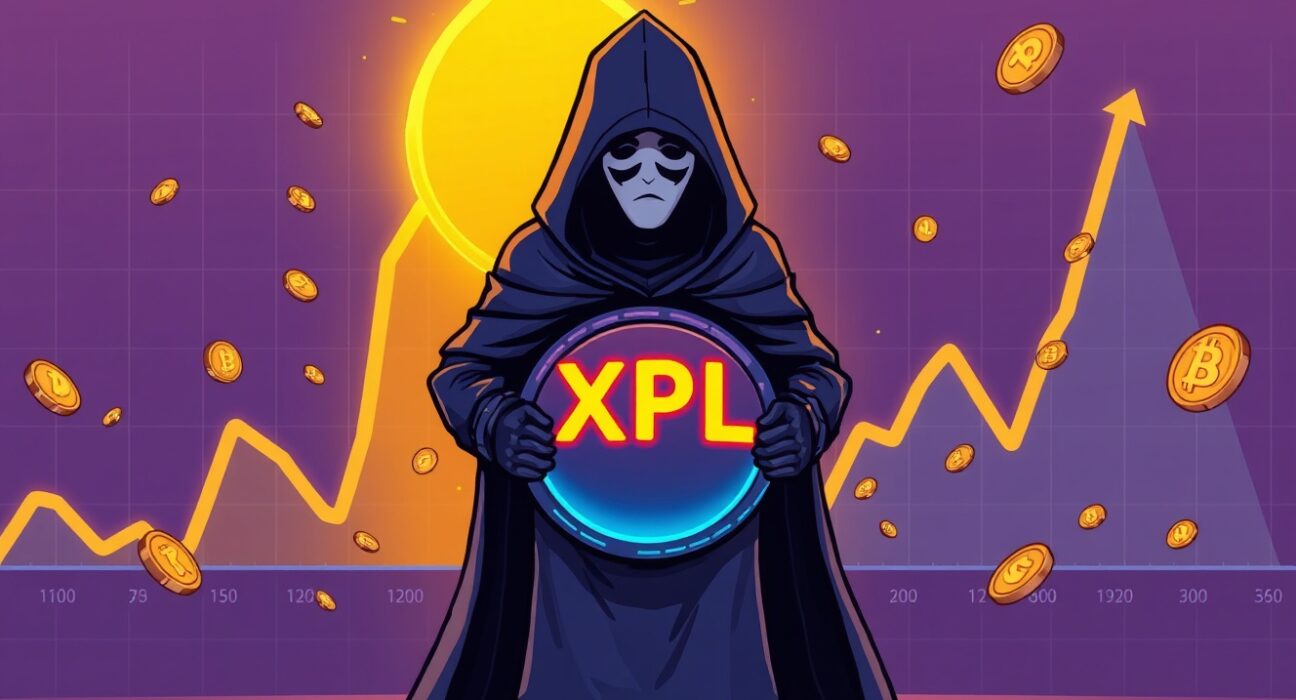 Cartoon illustration of an anonymous investor's significant purchase driving an XPL crypto price surge.