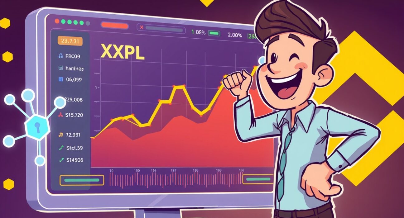 A dynamic illustration of a trader celebrating the launch of XPL perpetual futures on Binance, symbolizing new trading opportunities.