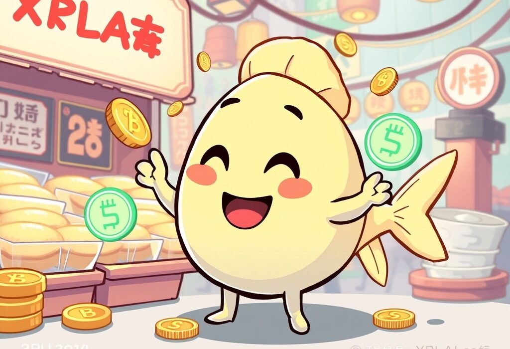 A cartoon bungeoppang character smiling with digital coins, symbolizing the exciting expansion of XPLA blockchain gaming through Com2uS's new title.