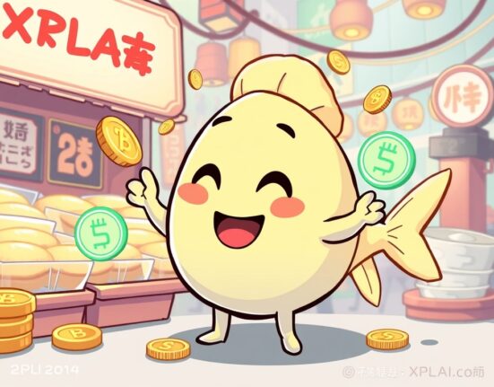 A cartoon bungeoppang character smiling with digital coins, symbolizing the exciting expansion of XPLA blockchain gaming through Com2uS's new title.
