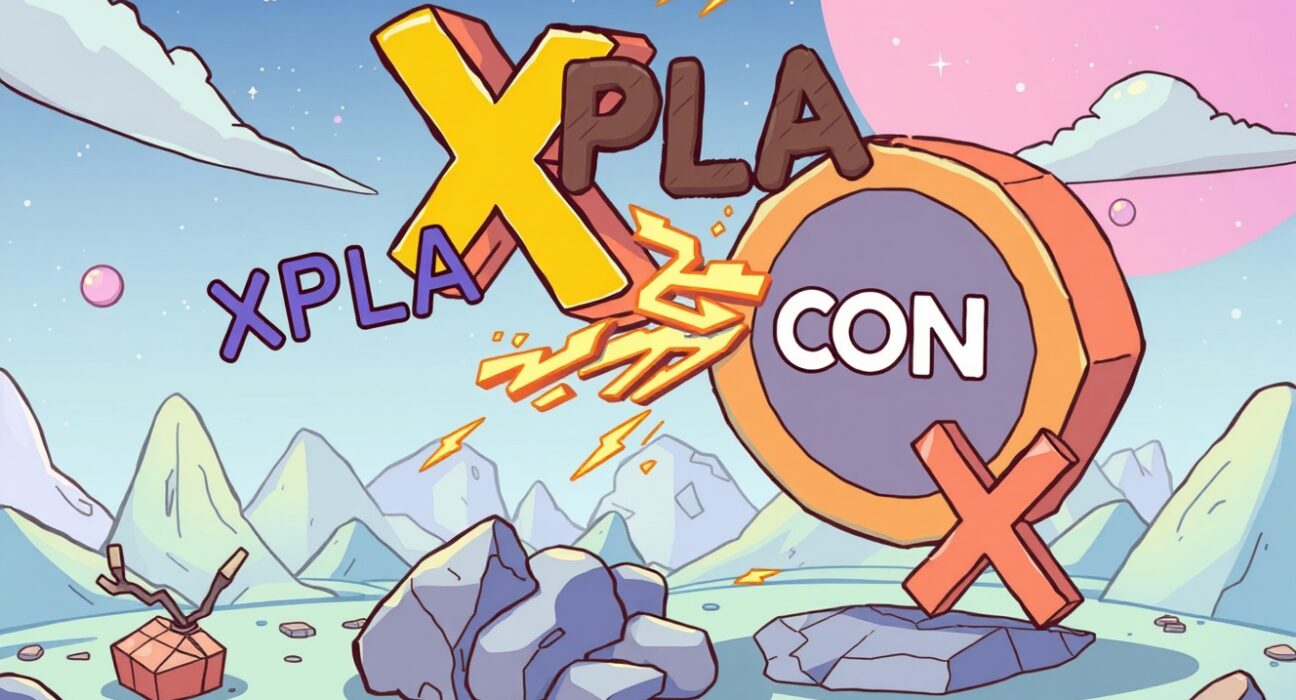 A cartoon illustration showing the positive transformation of the XPLA token name to CONX, reflecting community approval for the blockchain mainnet.