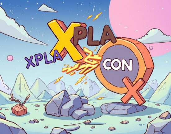 A cartoon illustration showing the positive transformation of the XPLA token name to CONX, reflecting community approval for the blockchain mainnet.