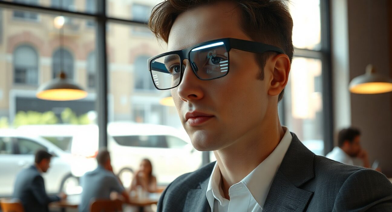 Person wearing Xreal Project Aura smart glasses in a coffee shop, interacting with a holographic interface.