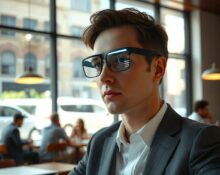 Person wearing Xreal Project Aura smart glasses in a coffee shop, interacting with a holographic interface.