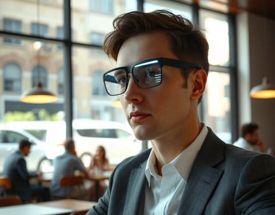 Person wearing Xreal Project Aura smart glasses in a coffee shop, interacting with a holographic interface.