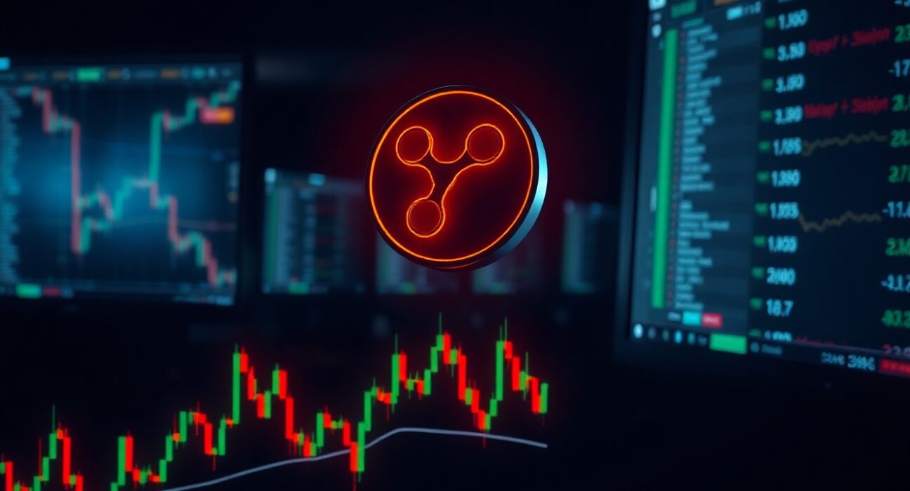 XRP coin hovering above a trading chart with resistance level highlighted