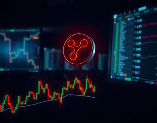 XRP coin hovering above a trading chart with resistance level highlighted