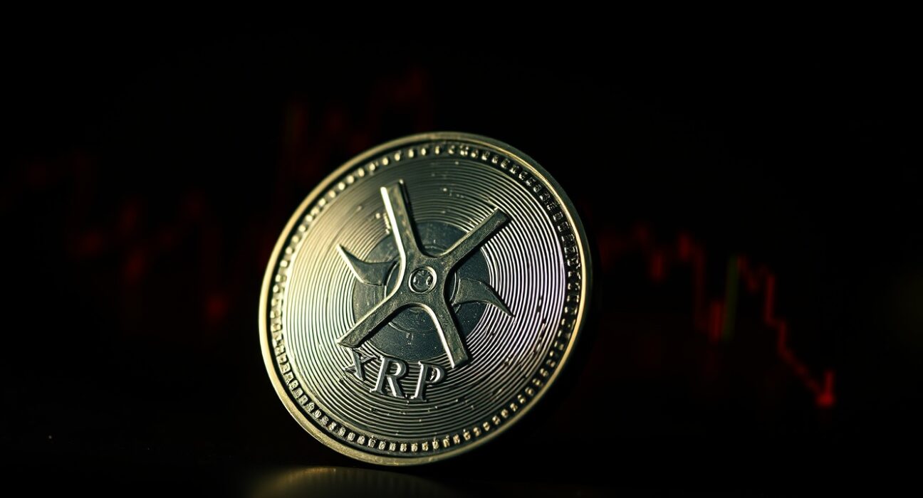 XRP cryptocurrency token with bearish market chart in the background