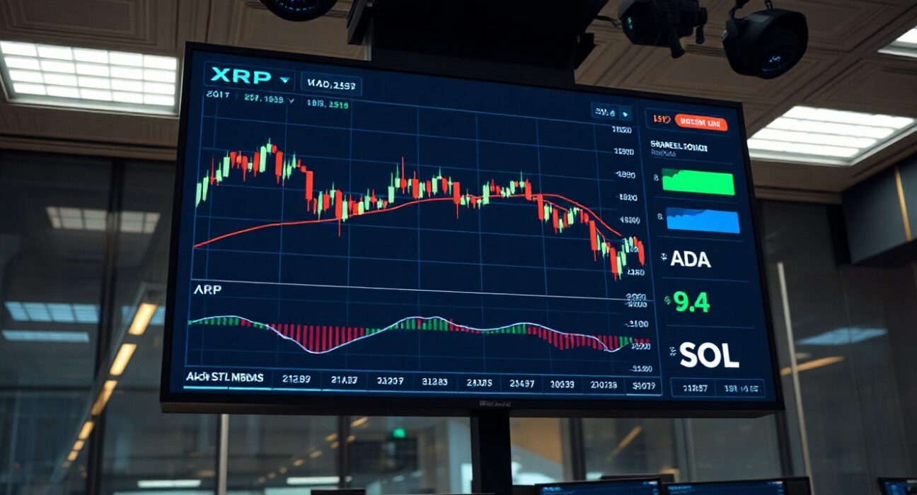 Candlestick charts for XRP, ADA, and SOL on a trading screen