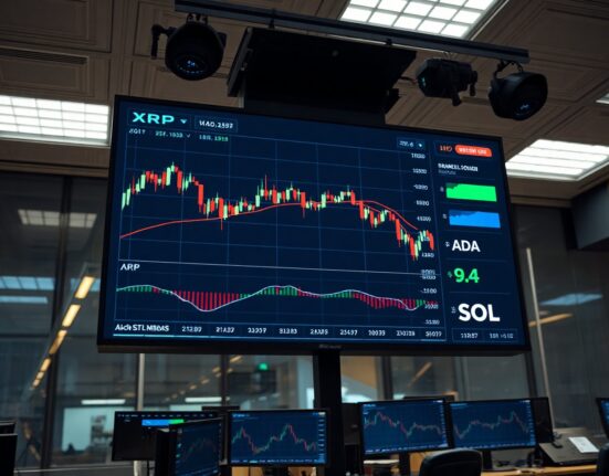 Candlestick charts for XRP, ADA, and SOL on a trading screen