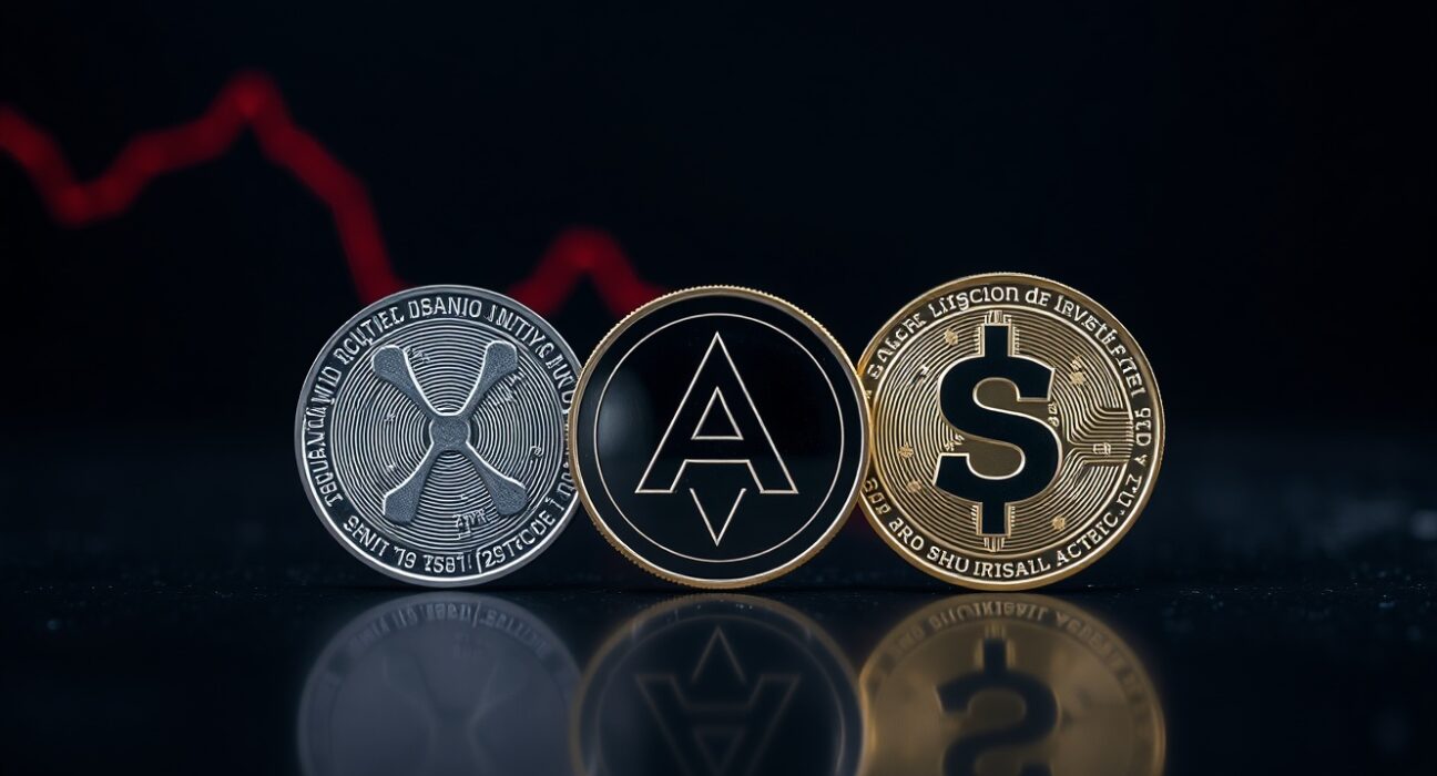 XRP, Cardano, and Solana coins on a reflective surface with a downward chart trend