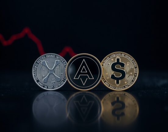 XRP, Cardano, and Solana coins on a reflective surface with a downward chart trend