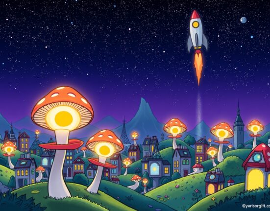 Cartoon illustration of XRP addresses growing like vibrant digital flowers in a bustling crypto cityscape