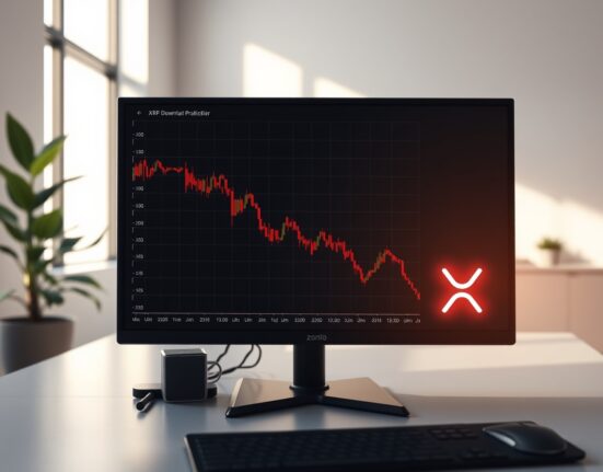 Analyst monitoring XRP cryptocurrency price chart showing steep bear market decline