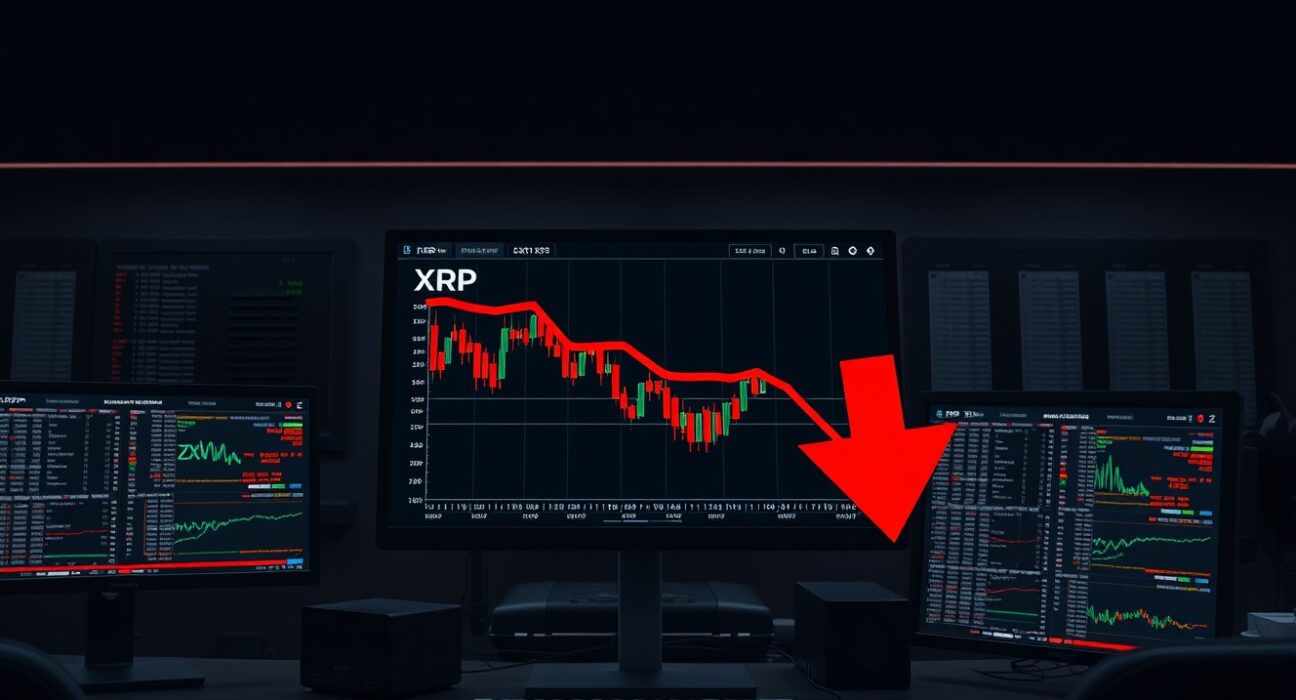 XRP price chart showing bearish trend with downward arrow and key support level at $1.30
