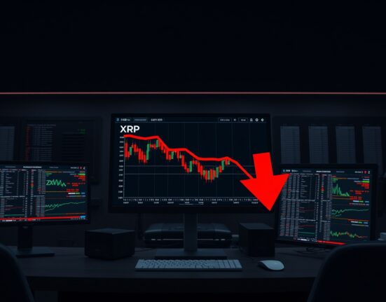 XRP price chart showing bearish trend with downward arrow and key support level at $1.30