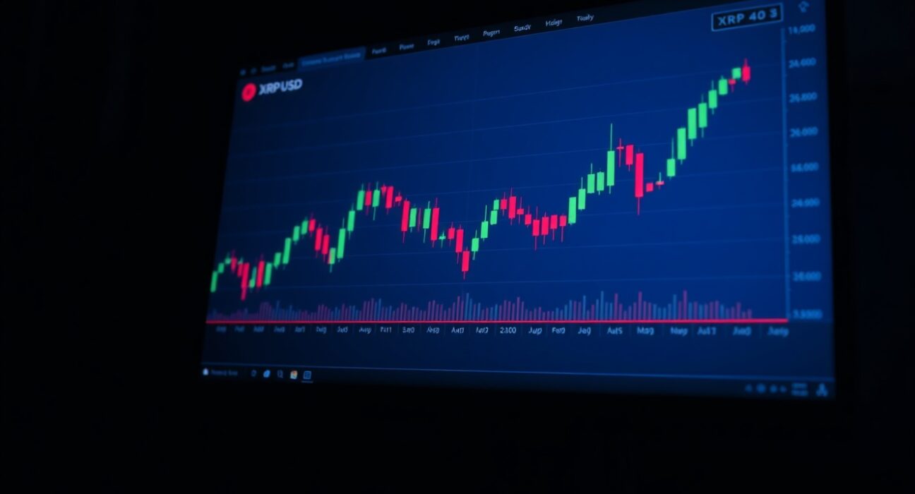 XRP/USD chart showing Bollinger Bands squeeze on a trading monitor