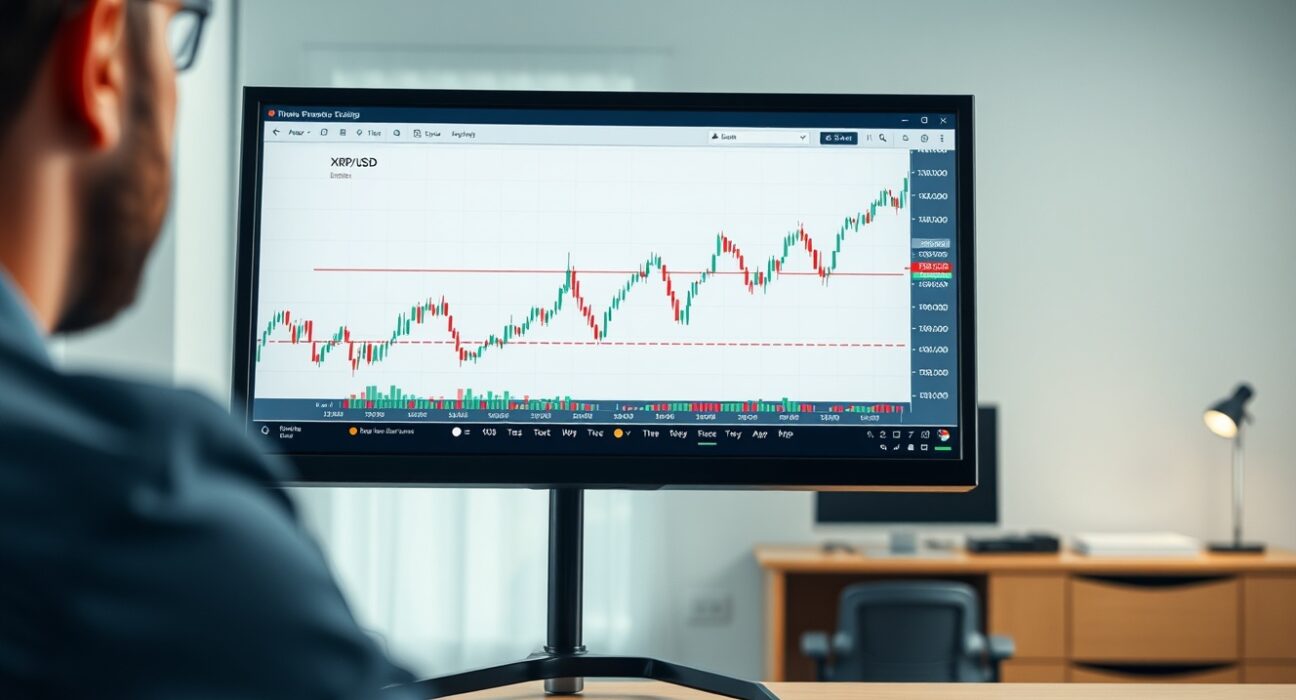 XRP price chart showing tightening Bollinger Bands on a trader's monitor, indicating potential for major volatility.