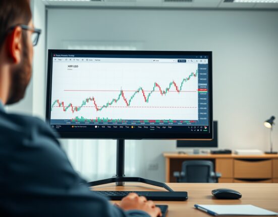 XRP price chart showing tightening Bollinger Bands on a trader's monitor, indicating potential for major volatility.
