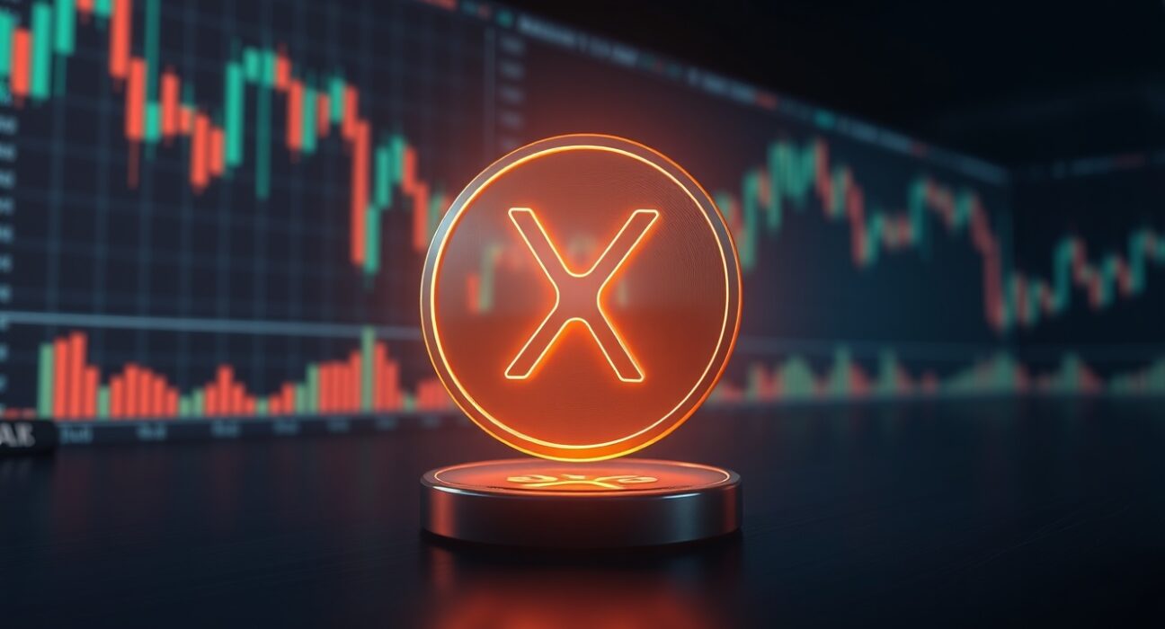 XRP token symbol on a dark trading desk with chart background