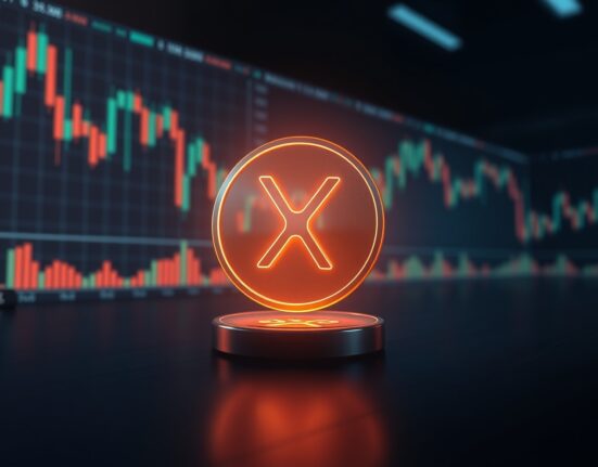 XRP token symbol on a dark trading desk with chart background