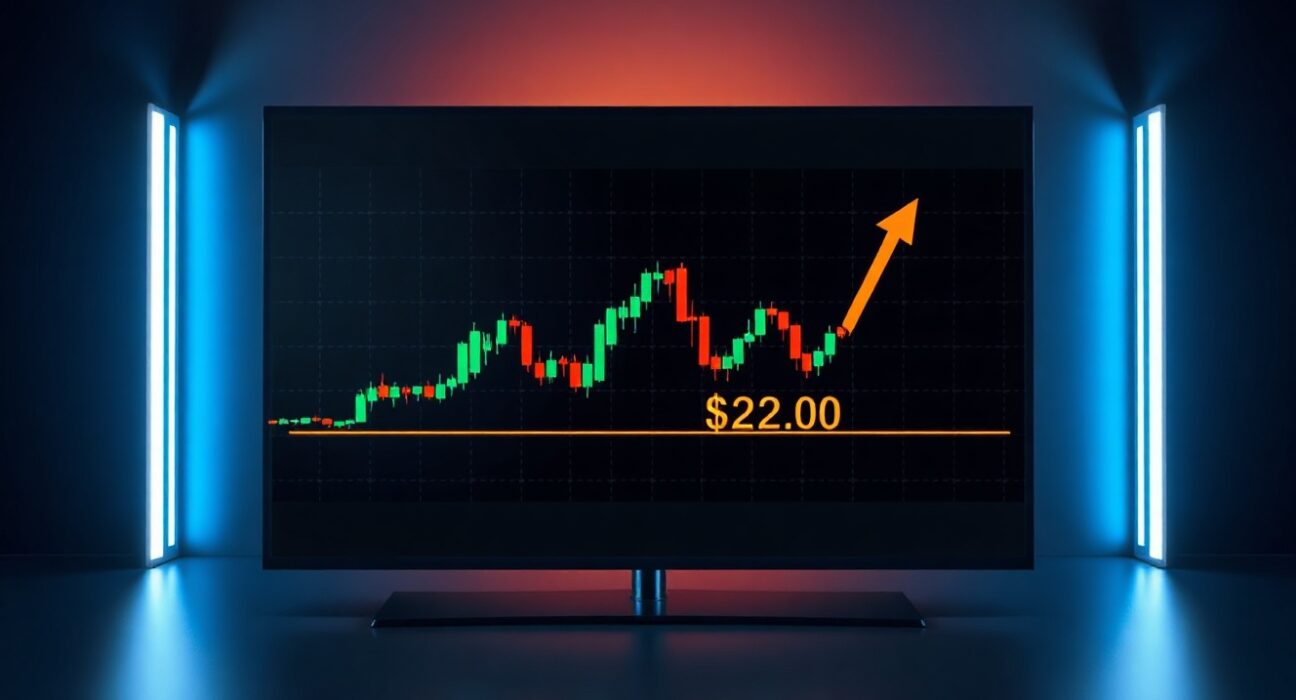 Digital display showing XRP price chart with upward arrow breaking through $2 resistance level