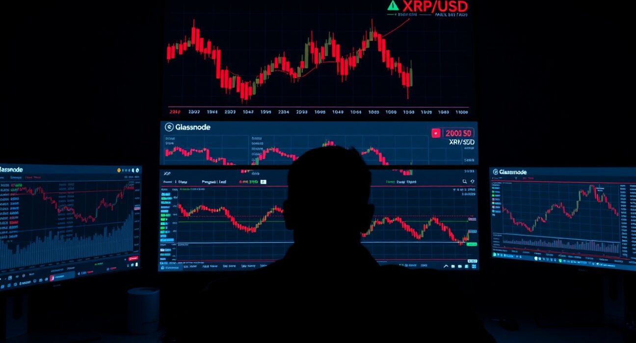 Trading screen showing XRP price decline with red candlestick chart and Glassnode analytics data