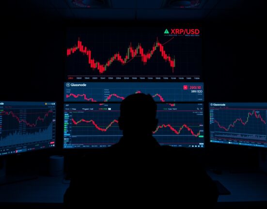 Trading screen showing XRP price decline with red candlestick chart and Glassnode analytics data