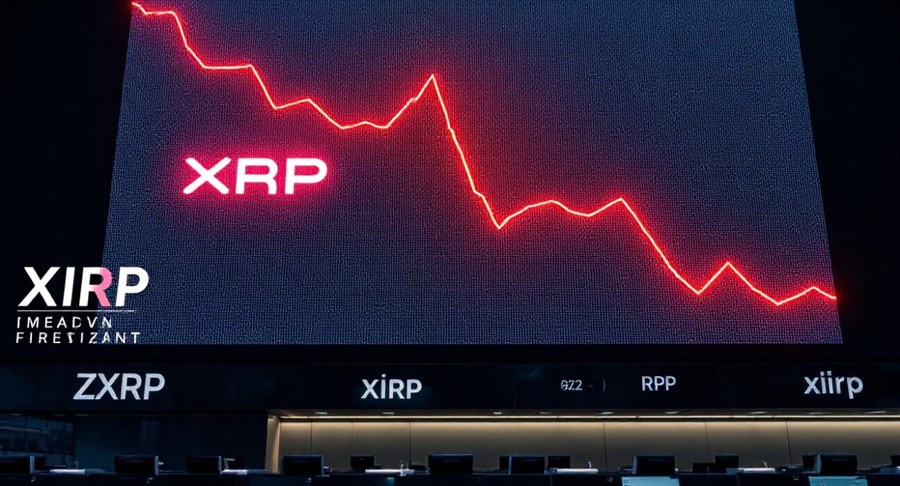 Digital trading board showing XRP price decline with red chart, indicating market capitulation.