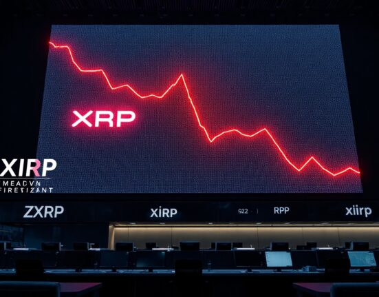 Digital trading board showing XRP price decline with red chart, indicating market capitulation.