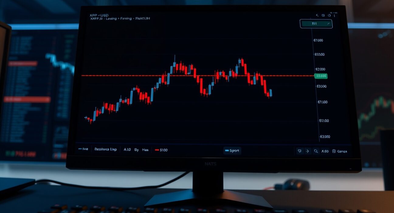 XRP price chart showing higher lows above $1 with resistance at $1.10 on a trading screen