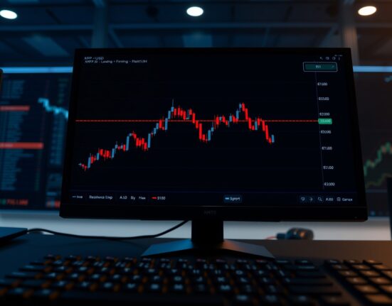 XRP price chart showing higher lows above $1 with resistance at $1.10 on a trading screen